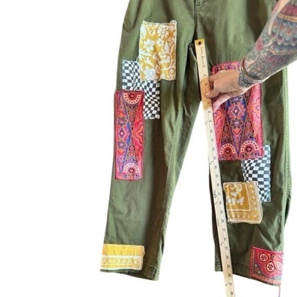 Unique upcycled Old Navy Chino Olive Green Boho Patchwork Pants Womens Medium - Picture 5 of 7